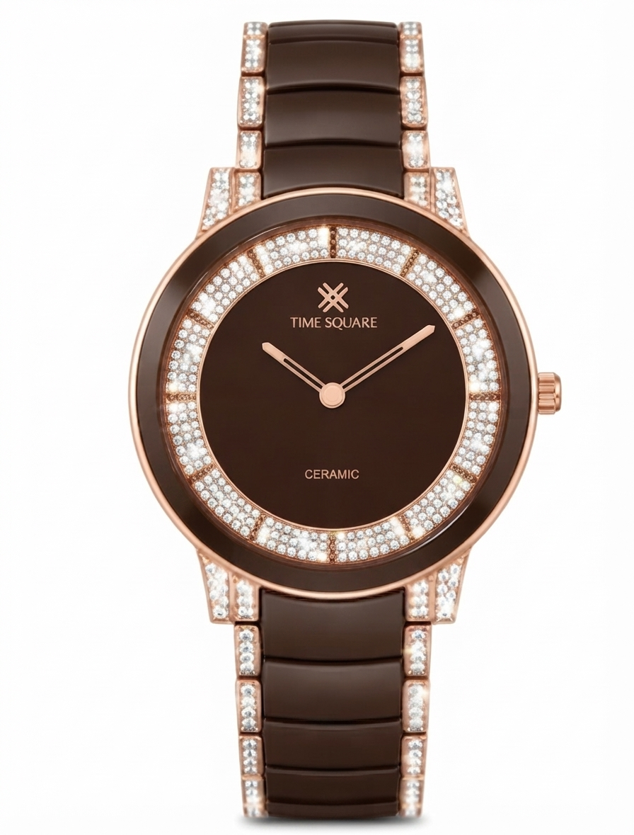A women's ceramic watch by Time Square, featuring a dark brown dial and matching brown ceramic link bracelet, accented with a rose gold case and bezel, and embellished with clear crystals.