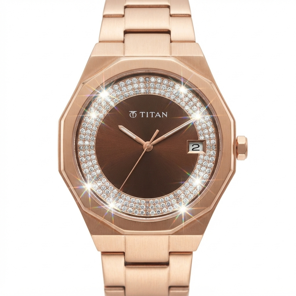 A rose gold women's watch with an octagonal bezel, a brown dial, a bezel of clear crystals, and a matching rose gold metal link bracelet. The brand name 'TITAN' is printed on the dial.