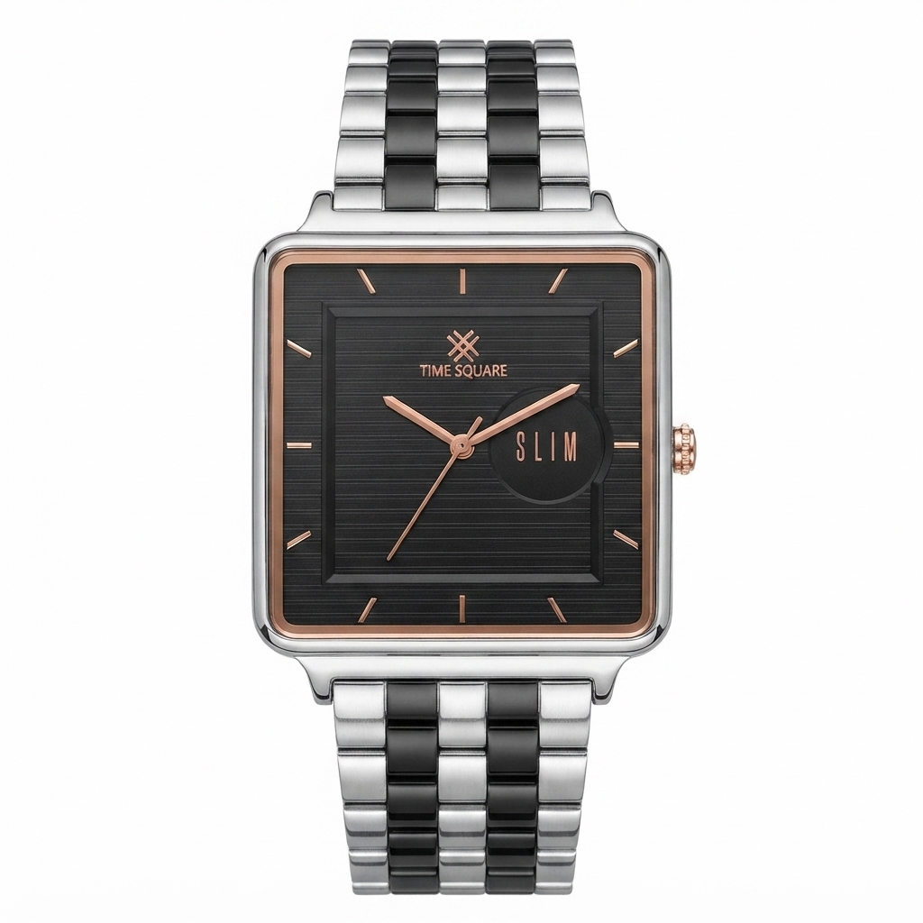 A women's square analog watch by Time Square, featuring a black textured dial with rose gold-tone hands and markers, a small day/date window, and a silver-tone metal link bracelet with black inlaid links, shown on a solid white background.