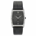 A rectangular Titan watch with a black dial, Roman numeral hour markers, silver-tone hands, and a bezel set with small clear stones, paired with a black alligator leather strap on a white background.