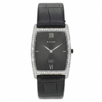 A rectangular Titan watch with a black dial, Roman numeral hour markers, silver-tone hands, and a bezel set with small clear stones, paired with a black alligator leather strap on a white background.