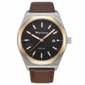 A Portive Collection analog watch with a silver stainless steel case, a gold-tone bezel, a black textured dial with rose gold-tone hands and markers, and a brown leather strap, shown on a solid white background.