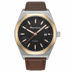 A Portive Collection analog watch with a silver stainless steel case, a gold-tone bezel, a black textured dial with rose gold-tone hands and markers, and a brown leather strap, shown on a solid white background.