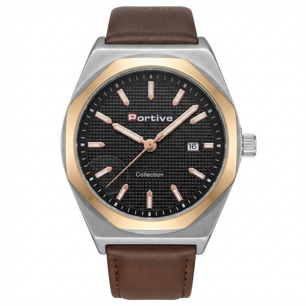 A Portive Collection analog watch with a silver stainless steel case, a gold-tone bezel, a black textured dial with rose gold-tone hands and markers, and a brown leather strap, shown on a solid white background.