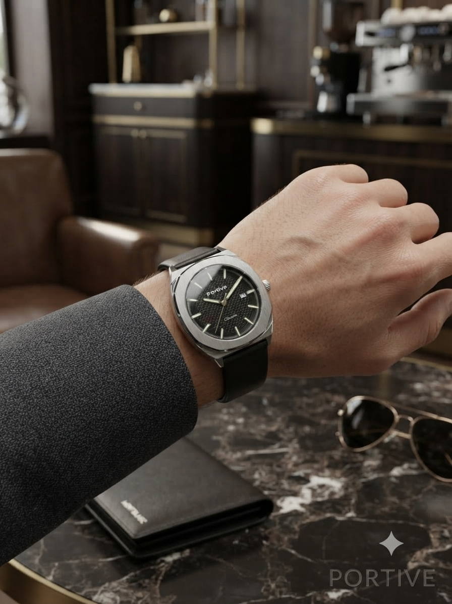 Portive Men's Quartz Watch | 42mm Black Dial | Steel Alloy Case | Genuine Leather Strap | 100% Original | 1 Year Company Warranty