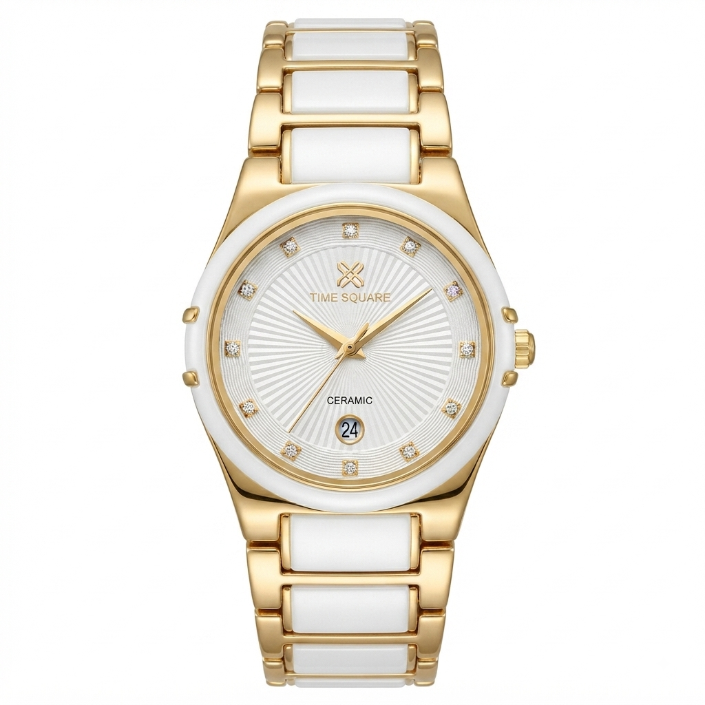 A women's analog watch with a gold-tone metal case and bracelet, white ceramic links, and a white sunburst dial with crystal hour markers and a date window at 3 o'clock.