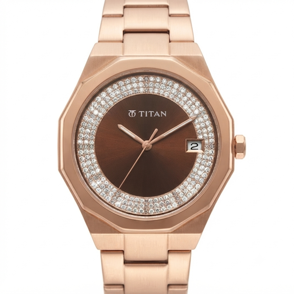 A rose gold women's watch by TITAN, featuring an octagonal bezel, a brown dial, a bezel-set halo of clear crystals, and a matching rose gold link bracelet, shown against a plain white background.