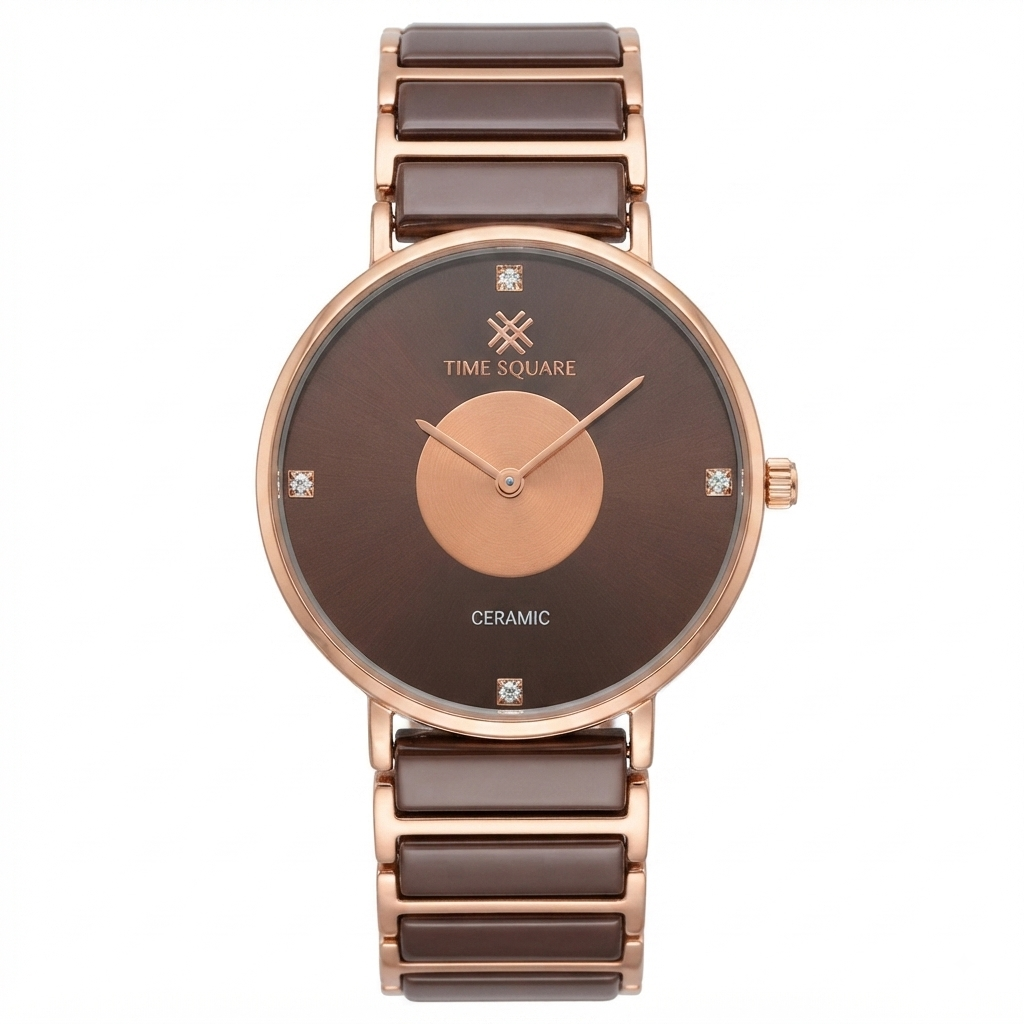 A women's ceramic watch by Time Square, featuring a round rose gold case, a dark brown ceramic dial with a matching rose gold center, and a rose gold ceramic link bracelet with dark brown inlays.