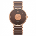 A women's ceramic watch by Time Square, featuring a round rose gold case, a dark brown ceramic dial with a matching rose gold center, and a rose gold ceramic link bracelet with dark brown inlays.