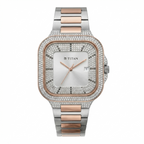 Titan women's watch featuring a square bezel encrusted with clear crystals, a silver dial with rose gold hands and markers, and a two-tone silver and rose gold link bracelet, shown against a plain white background.