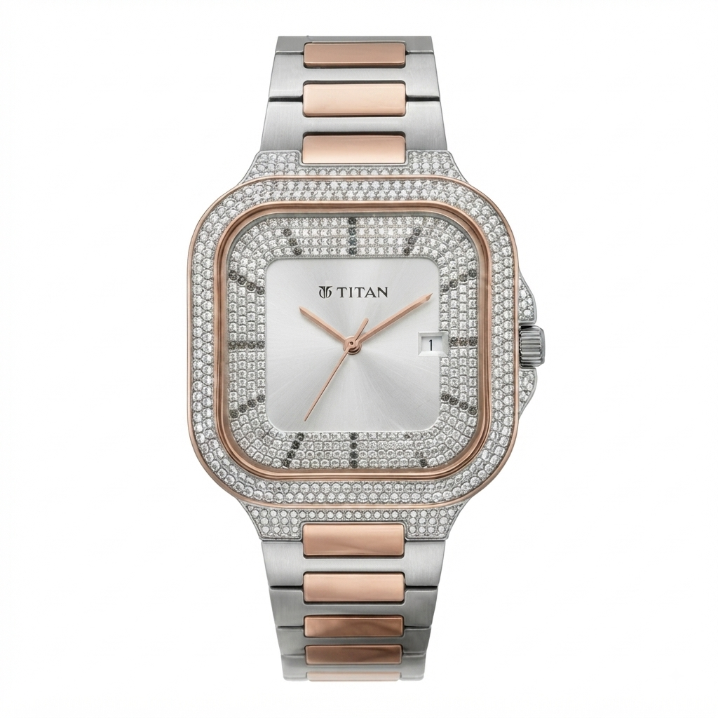 Titan women's watch featuring a square bezel encrusted with clear crystals, a silver dial with rose gold hands and markers, and a two-tone silver and rose gold link bracelet, shown against a plain white background.