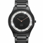 Titan Edge Ceramic watch with a black ceramic case and bracelet, featuring a black dial, rose gold hands, and a bezel set with clear crystals.