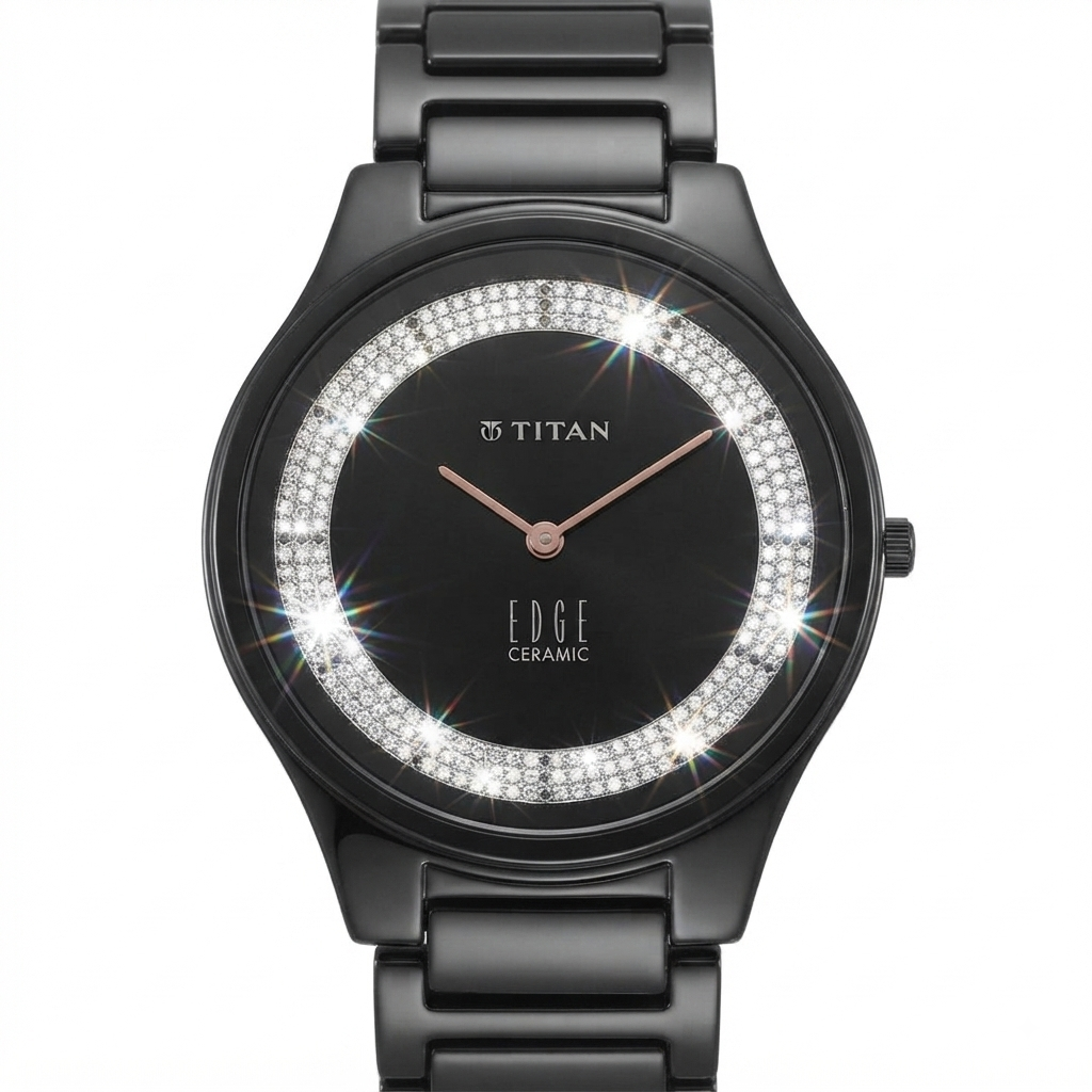 Titan Edge Ceramic watch with a black ceramic case and bracelet, featuring a black dial, rose gold hands, and a bezel set with clear crystals.