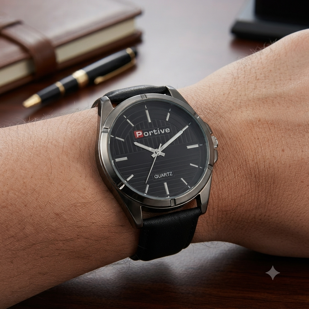 A wristwatch with a black dial and black leather strap worn on a person's wrist, photographed over a wooden desk with a notebook and pen in the background.
