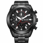 A black chronograph wristwatch with a matching black metal link bracelet, featuring a textured black dial with silver-tone indices, white hands, and a red second hand. The brand name 'MEGIR' is printed on the dial.