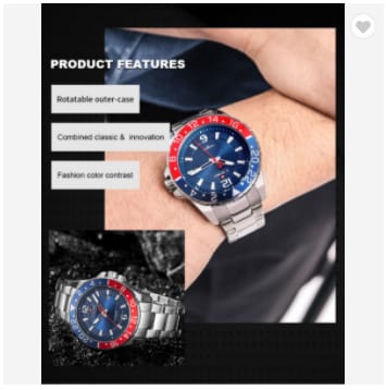 A wristwatch with a silver metal case, blue dial, and red bezel, shown worn on a person's wrist with product feature text and a smaller inset view of the watch.