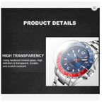 A promotional product detail graphic for a wristwatch, showing a silver-toned metal watch with a blue dial and red-and-blue bezel on the right, alongside text highlighting high transparency and scratch resistance.