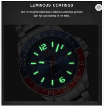 A wristwatch with luminous green hands and indices on a dark dial, shown under a black graphic header that reads 'LUMINOUS COATINGS' with explanatory text.