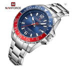 A Naviforce men's stainless steel watch with a blue dial, a red and blue bezel, and a silver metal link bracelet, shown on a white background with the brand logo in the top-left corner.