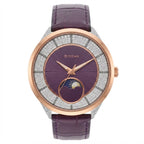 Titan women's watch featuring a round rose gold case, a purple dial with a moon phase window, and a bezel set with clear crystals, paired with a purple leather strap.