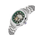 Silver watch with a green face on a white background