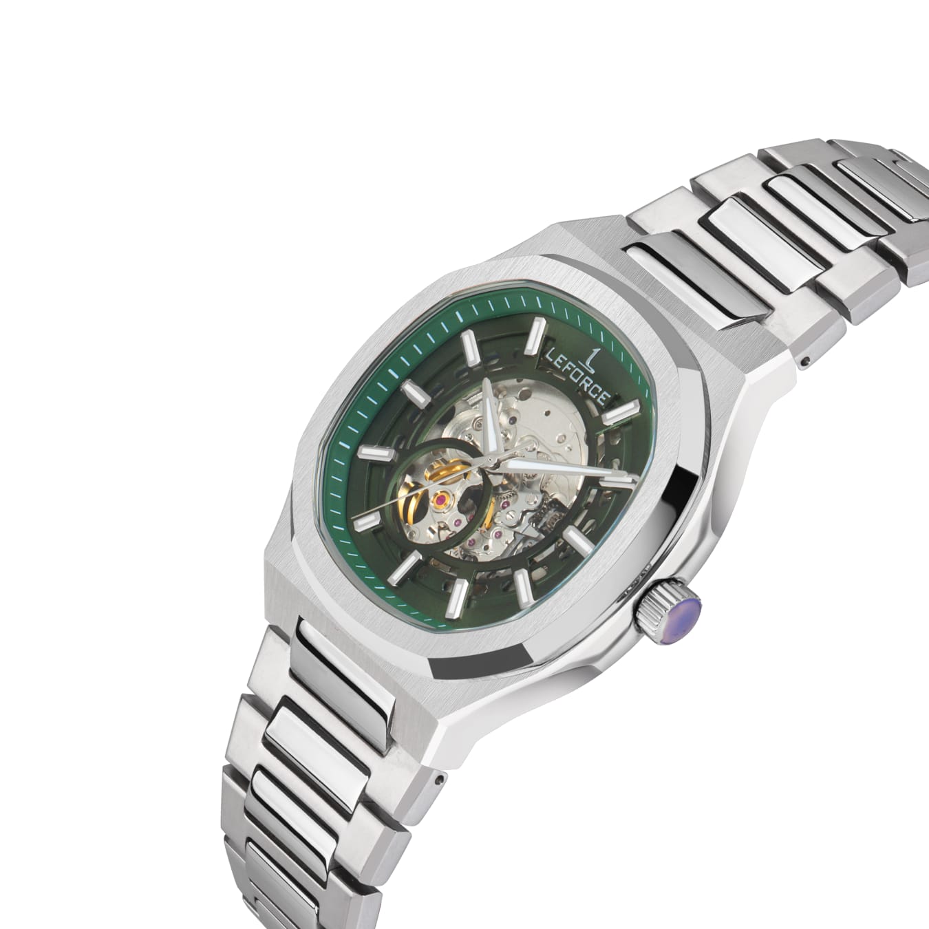 Silver watch with a green face on a white background