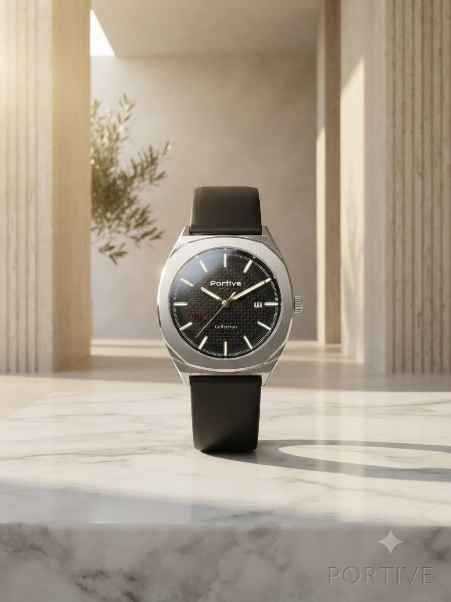 Portive Men's Quartz Watch | 42mm Black Dial | Steel Alloy Case | Genuine Leather Strap | 100% Original | 1 Year Company Warranty