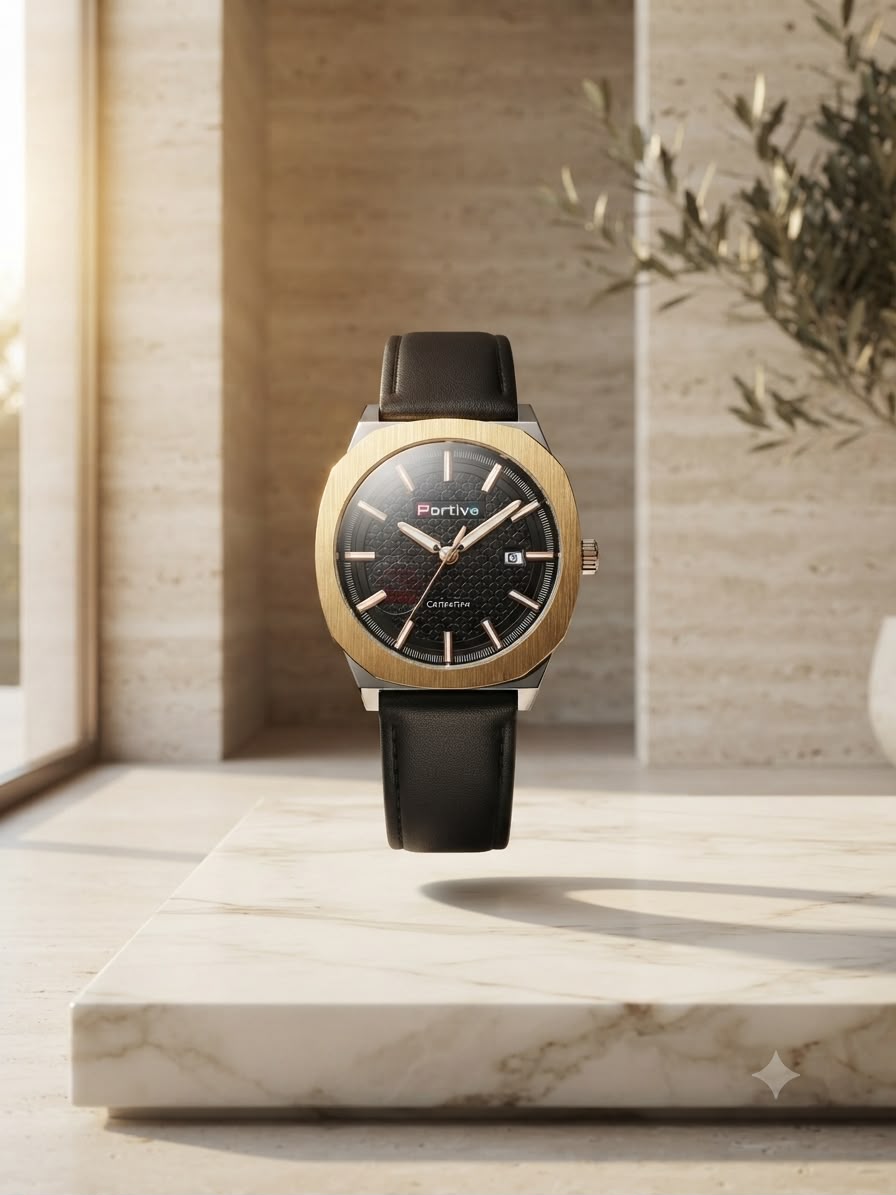 Portive Men's Quartz Watch | 42mm Black Dial | Gold & Silver Steel Alloy Case | Genuine Leather Strap | 100% Original | 1 Year Company Warranty