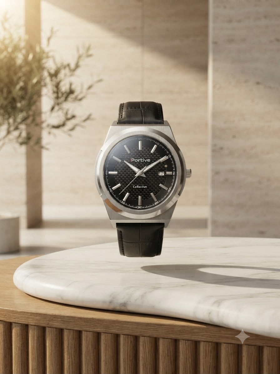 Portive Men's Quartz Watch | 42mm Black Dial | Silver Steel Alloy Case | Genuine Leather Strap | 100% Original | 1 Year Company Warranty