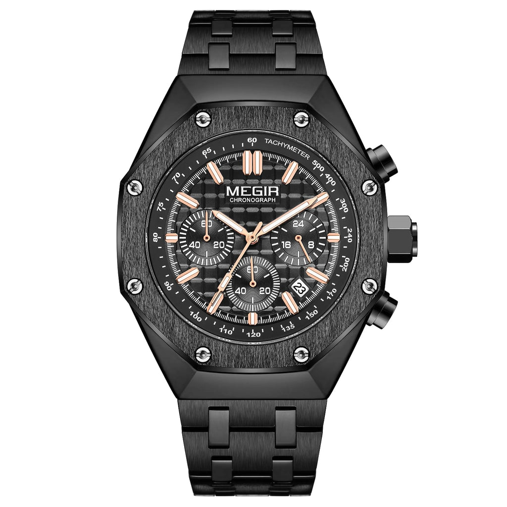 MEGIR Men's Luxury Skeleton Chronograph Quartz Watch | Black Stainless Steel Strap | 3ATM Water Resistant | 1 Year Official Company Warranty