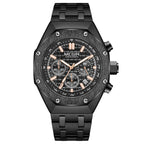 MEGIR Men's Luxury Skeleton Chronograph Quartz Watch | Black Stainless Steel Strap | 3ATM Water Resistant | 1 Year Official Company Warranty