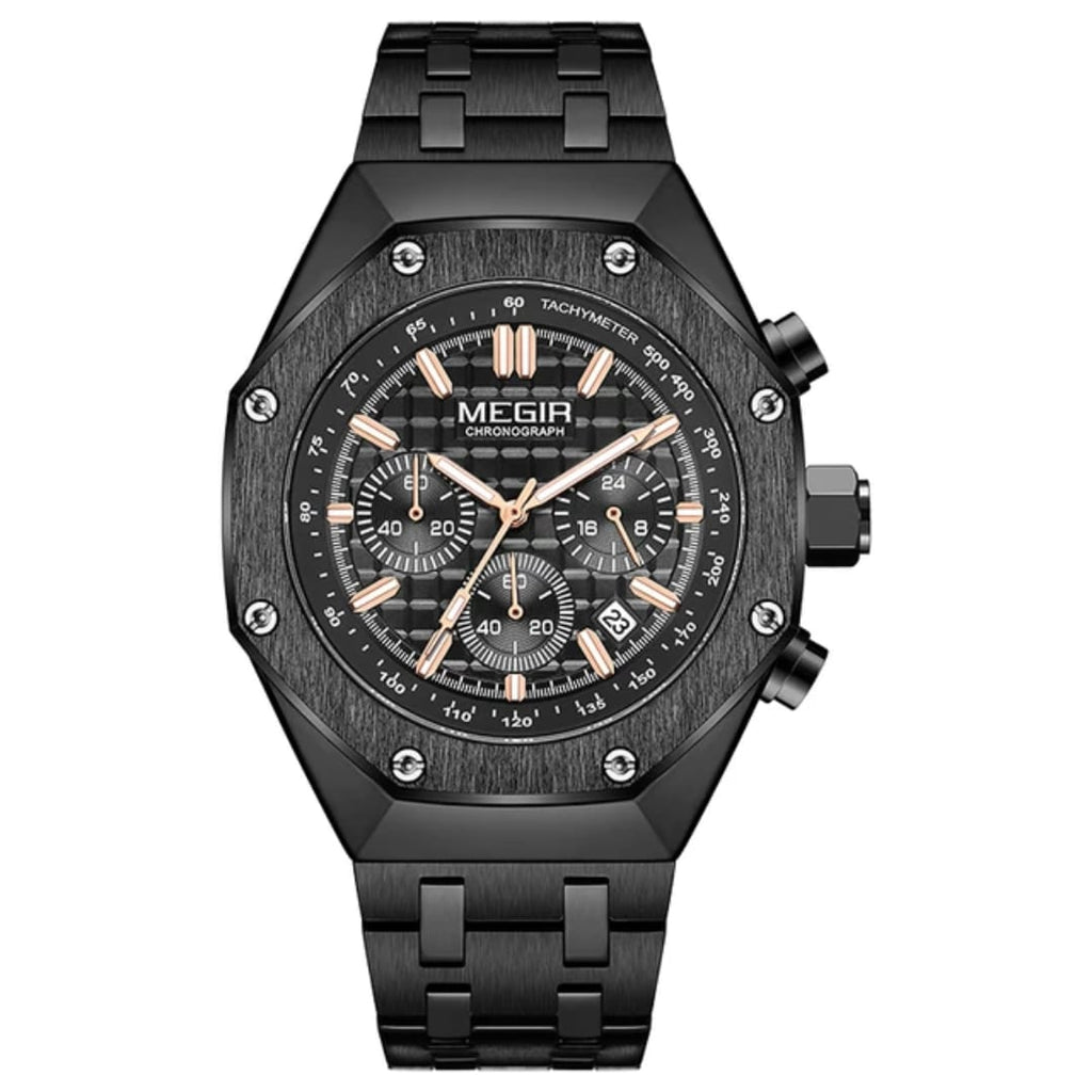 MEGIR Men's Luxury Skeleton Chronograph Quartz Watch | Black Stainless Steel Strap | 3ATM Water Resistant | 1 Year Official Company Warranty