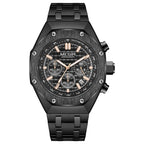 MEGIR Men's Luxury Skeleton Chronograph Quartz Watch | Black Stainless Steel Strap | 3ATM Water Resistant | 1 Year Official Company Warranty