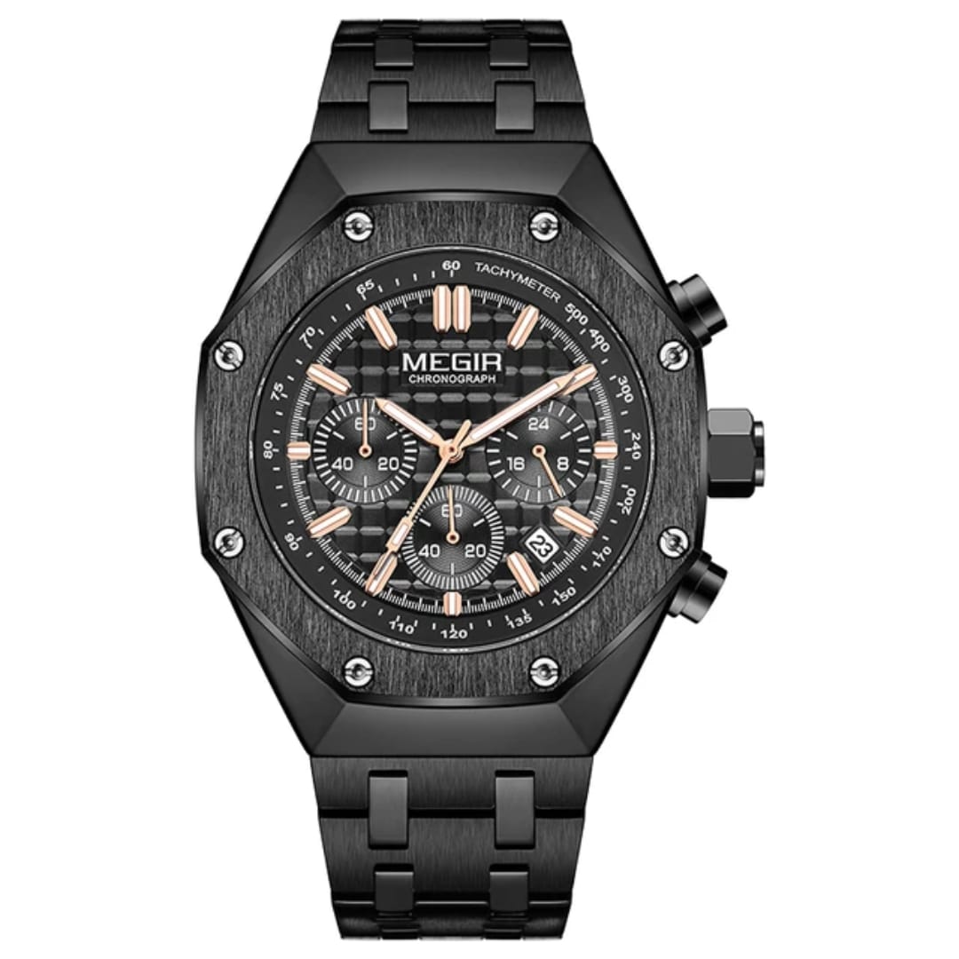 MEGIR Men's Luxury Skeleton Chronograph Quartz Watch | Black Stainless Steel Strap | 3ATM Water Resistant | 1 Year Official Company Warranty
