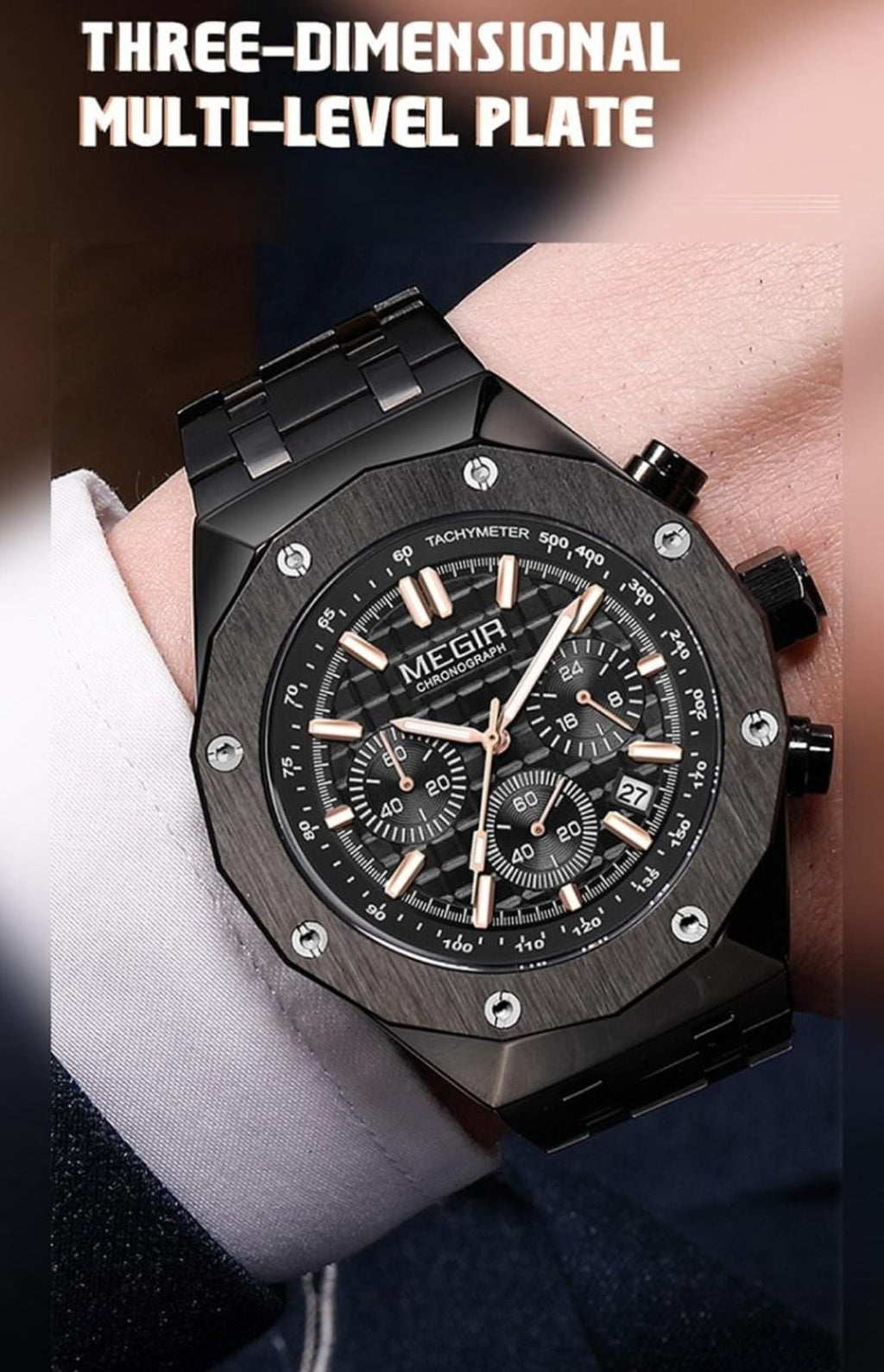 MEGIR Men's Luxury Skeleton Chronograph Quartz Watch | Black Stainless Steel Strap | 3ATM Water Resistant | 1 Year Official Company Warranty