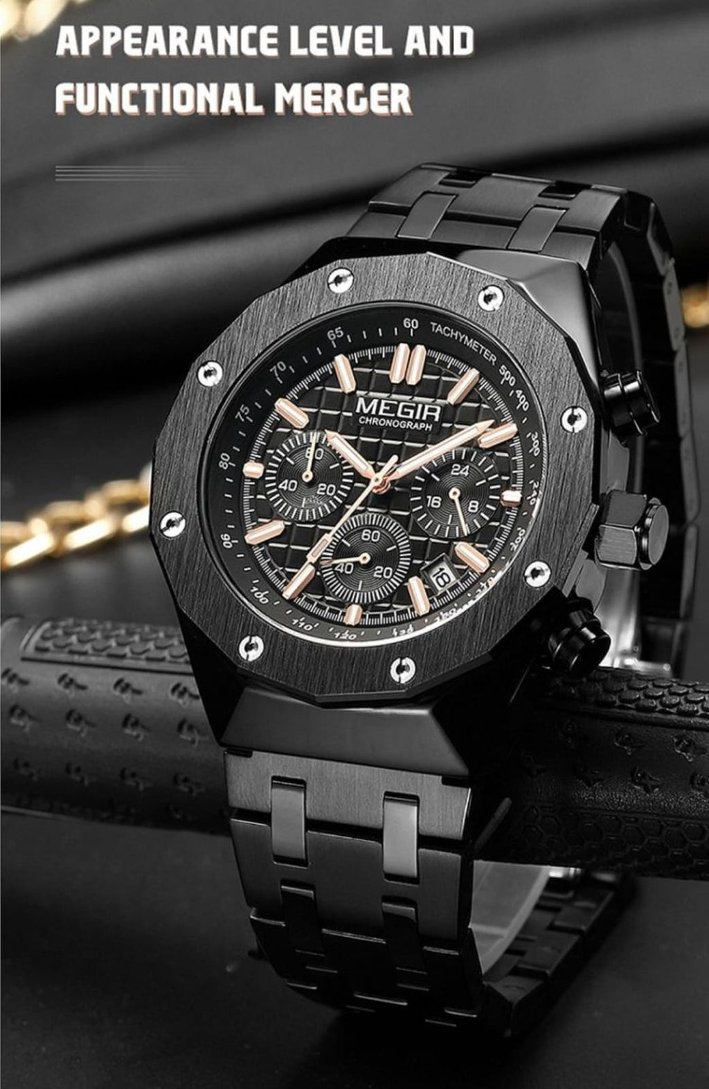 MEGIR Men's Luxury Skeleton Chronograph Quartz Watch | Black Stainless Steel Strap | 3ATM Water Resistant | 1 Year Official Company Warranty