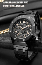 MEGIR Men's Luxury Skeleton Chronograph Quartz Watch | Black Stainless Steel Strap | 3ATM Water Resistant | 1 Year Official Company Warranty