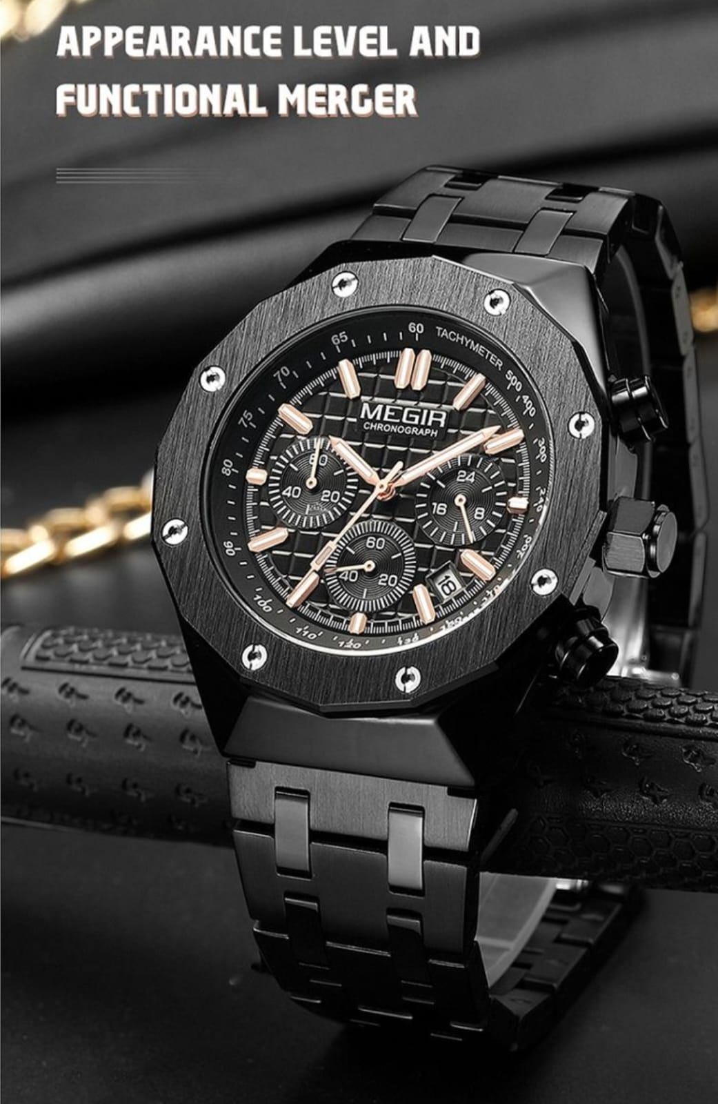 MEGIR Men's Luxury Skeleton Chronograph Quartz Watch | Black Stainless Steel Strap | 3ATM Water Resistant | 1 Year Official Company Warranty