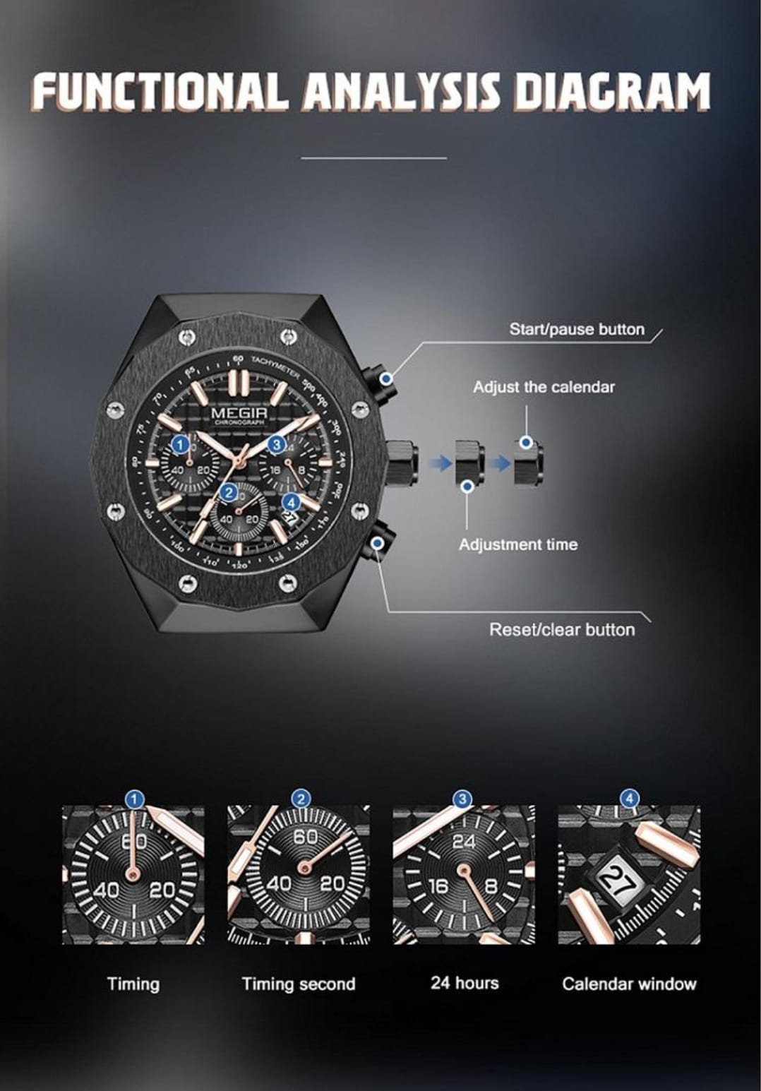 MEGIR Men's Luxury Skeleton Chronograph Quartz Watch | Black Stainless Steel Strap | 3ATM Water Resistant | 1 Year Official Company Warranty