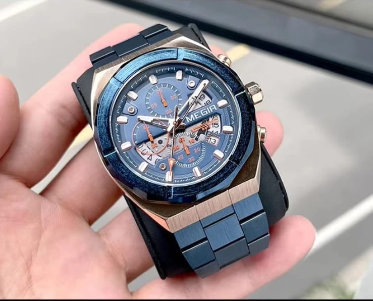 MEGIR Men's Luxury Blue Chronograph Quartz Watch | Stainless Steel Strap | 3ATM Water Resistant | 100% Original | 1 Year Company Warranty