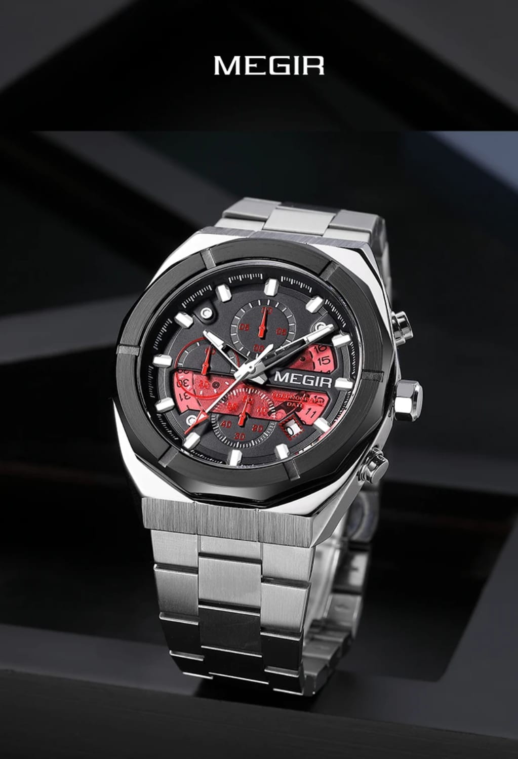 MEGIR Men's Luxury Chronograph Quartz Watch – Silver & Black Stainless Steel | 3ATM Water Resistant | 100% Original | 1 Year Company Warranty