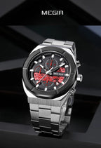 MEGIR Men's Luxury Chronograph Quartz Watch – Silver & Black Stainless Steel | 3ATM Water Resistant | 100% Original | 1 Year Company Warranty