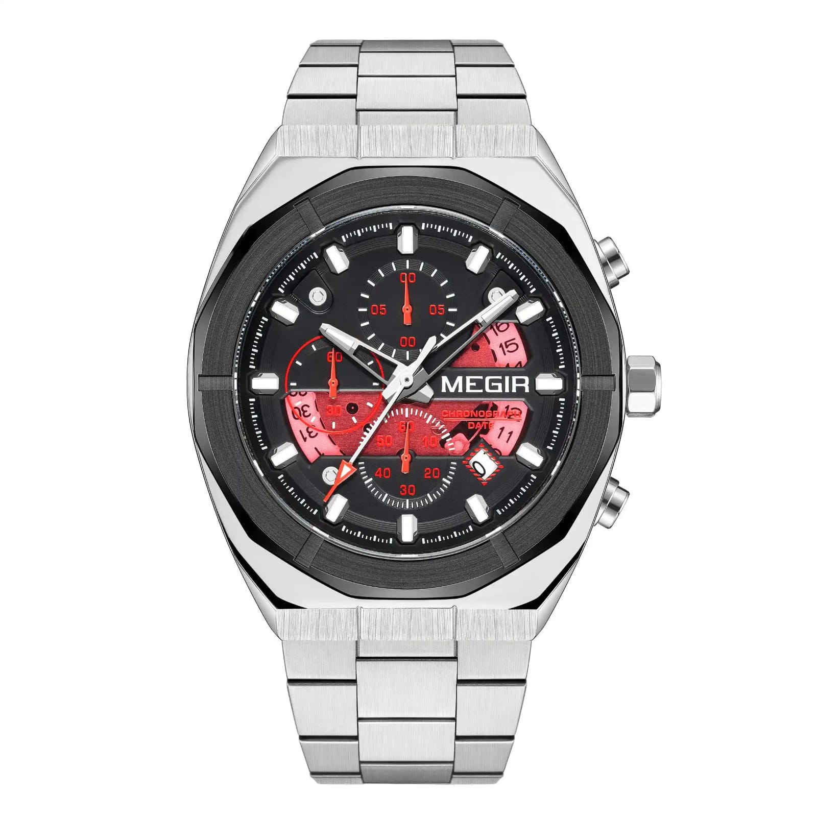 MEGIR Men's Luxury Chronograph Quartz Watch – Silver & Black Stainless Steel | 3ATM Water Resistant | 100% Original | 1 Year Company Warranty