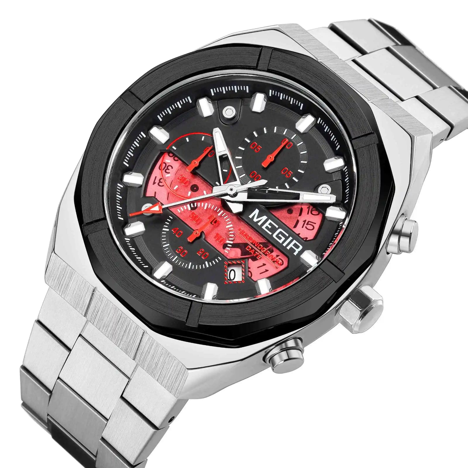 MEGIR Men's Luxury Chronograph Quartz Watch – Silver & Black Stainless Steel | 3ATM Water Resistant | 100% Original | 1 Year Company Warranty