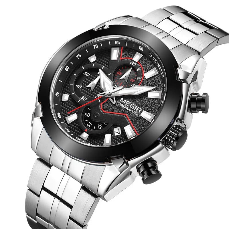MEGIR 2065 Men's Luxury Black & Silver Chronograph Quartz Watch | Stainless Steel Strap | 100% Original | 1 Year Company Warranty