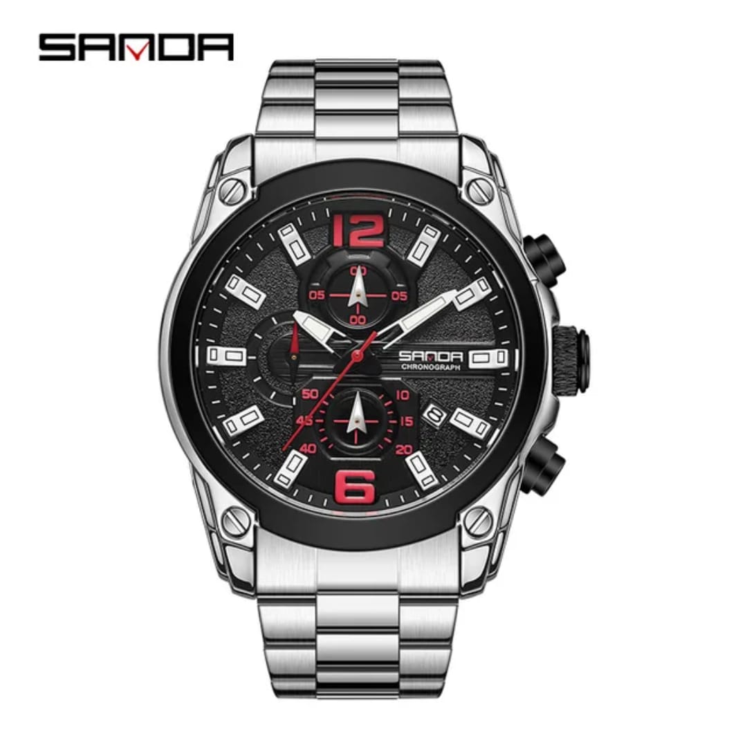 Megir T382 Luxury Men's Quartz Watch | Silver & Black Stainless Steel Sports Watch