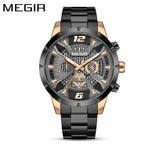 Megir T382 Luxury Men's Quartz Watch | Black & Rose Gold Stainless Steel Sports Watch