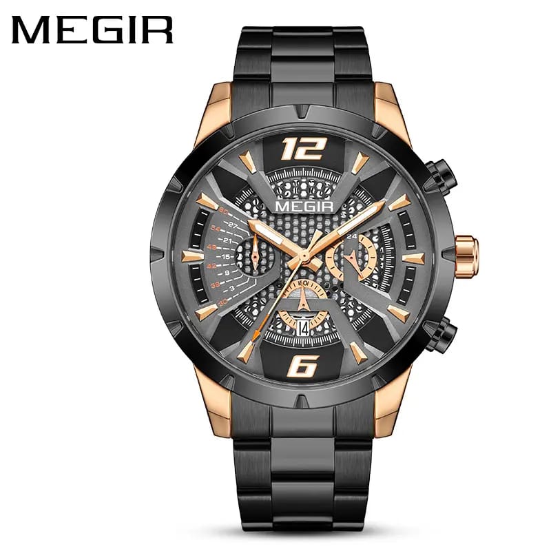Megir T382 Luxury Men's Quartz Watch | Black & Rose Gold Stainless Steel Sports Watch
