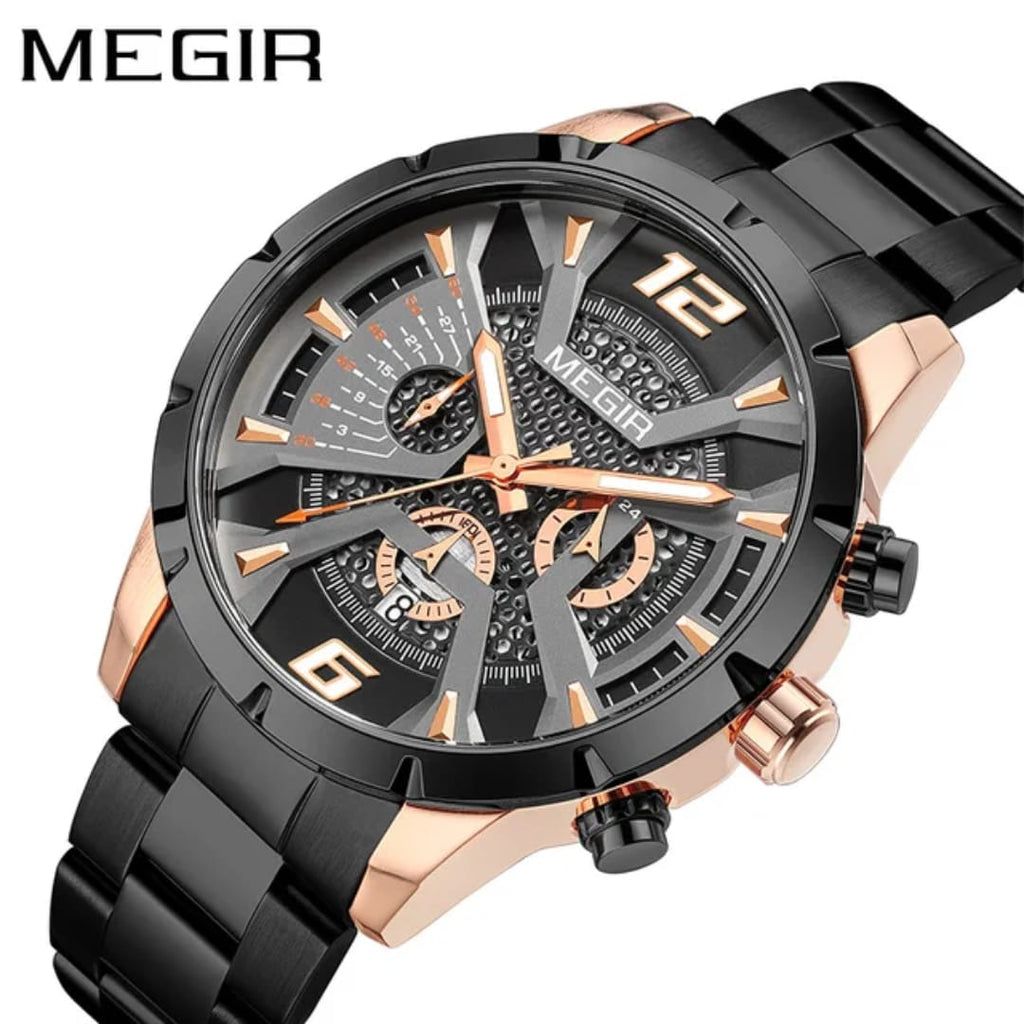 Megir T382 Luxury Men's Quartz Watch | Black & Rose Gold Stainless Steel Sports Watch