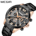 Megir T382 Luxury Men's Quartz Watch | Black & Rose Gold Stainless Steel Sports Watch
